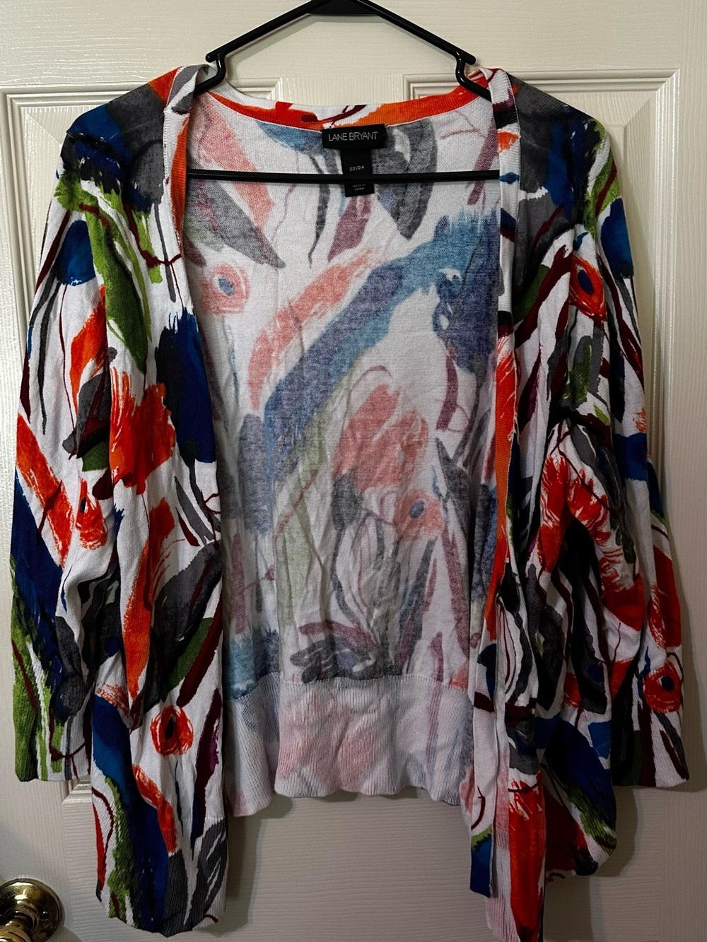 Lane Bryant Multicolor Open-Front Cardigan with Red, Blue, Green Accents